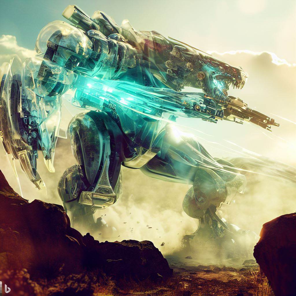 giant future mech dinosaur with glass body firing guns in wild, rocks in foreground, smoke, surreal clouds, lens flare 3.jpg